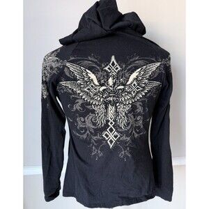 Women Hoodie M/L Black Studded Los Angeles Bus Stop Gothic Full Button Y2K EMO